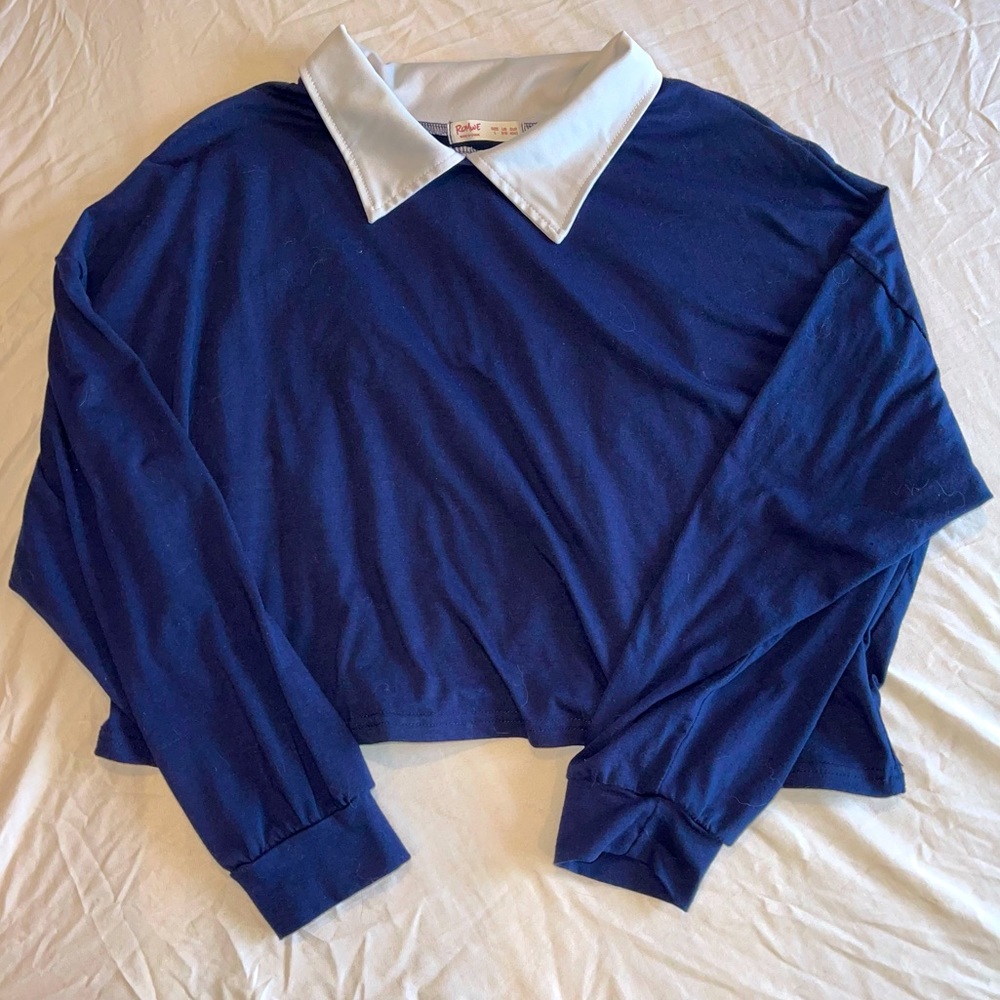 ROMWE NWOT Large Navy Blue Collared Crop Top